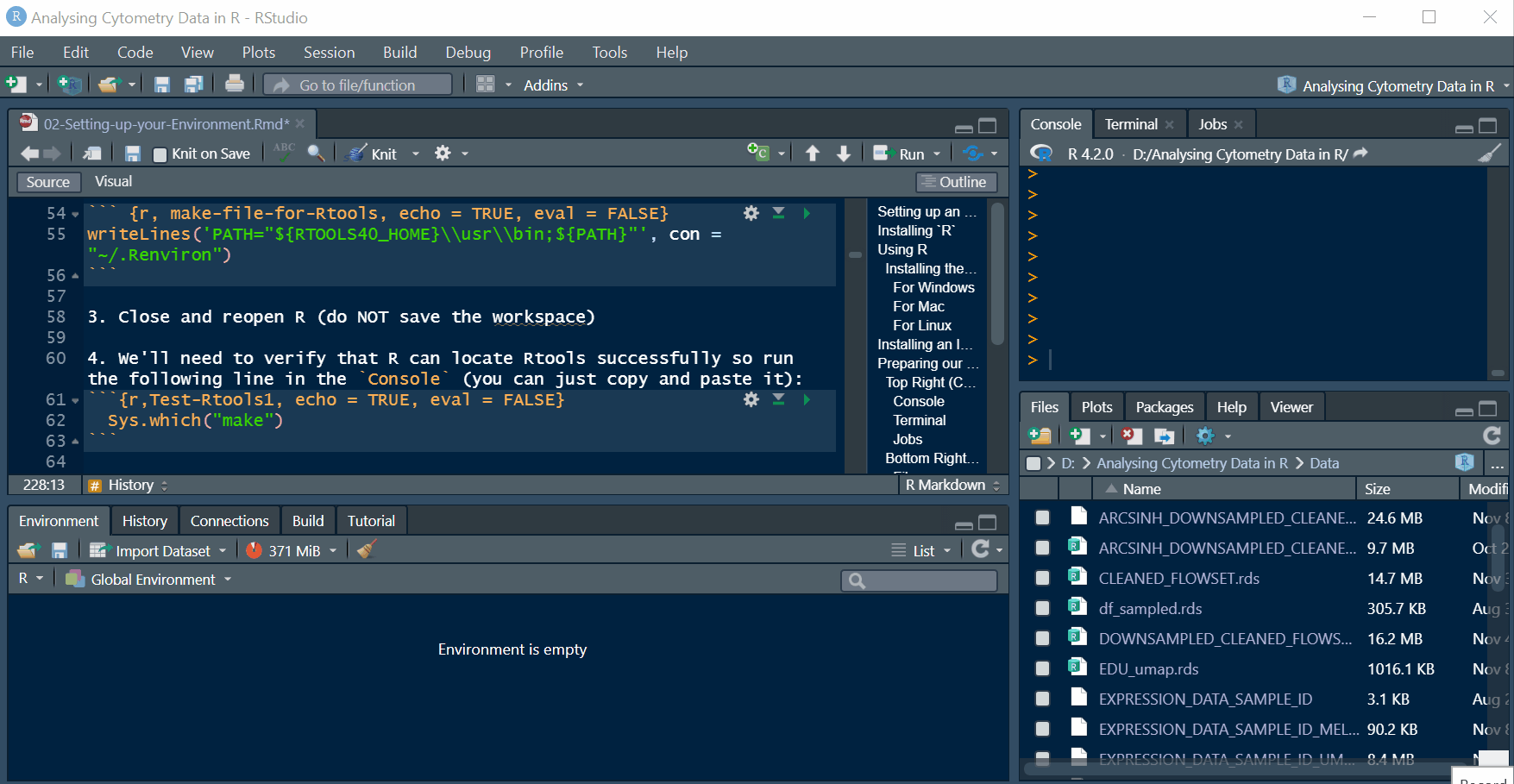 As we create a variable and import a table we can see the Environment tab populate with their name and some basic info.